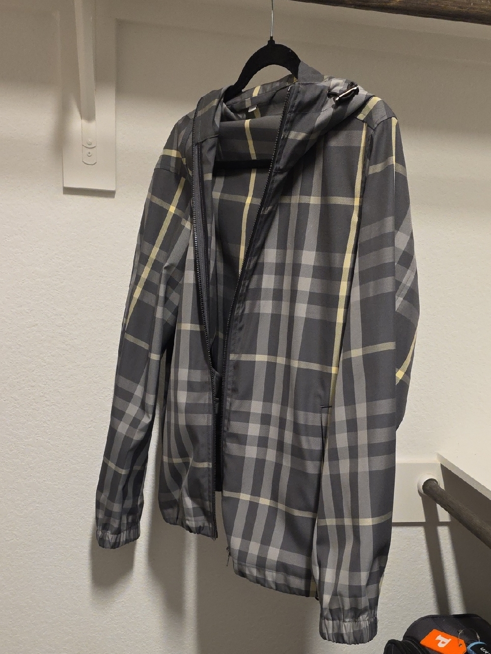 Burberry Gray Plaid Hooded Windbreaker with Yellow Accents